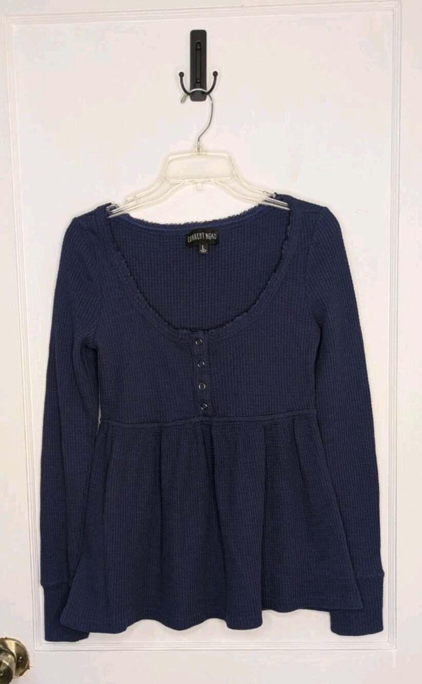 Size Large Current Mood Dedicate Fate Long Sleeve Top Navy Waffle Knit Lace Trim